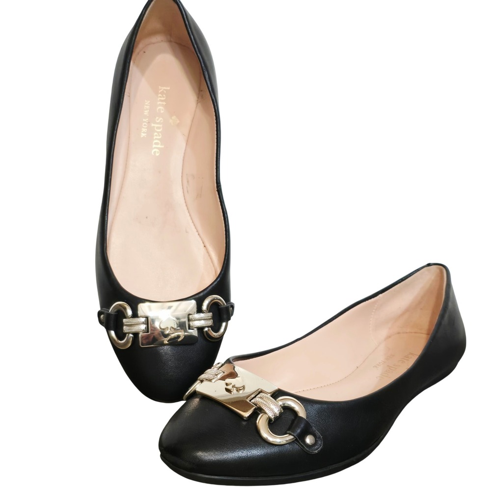 Kate Spade Payton Black Leather Flats Gold Hardware Spade Logo Size 6.5B A23/138